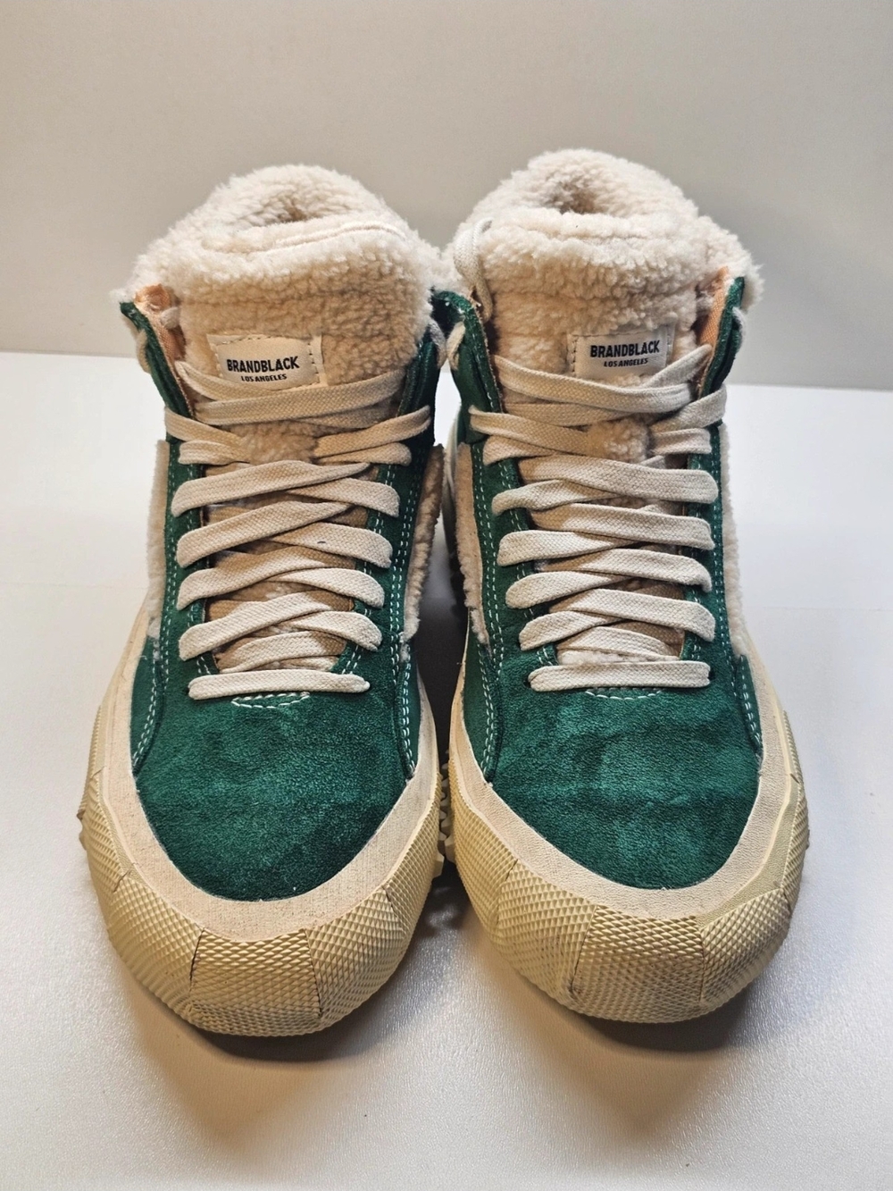 Brandblack Women's Green Suede High-Top Sneakers with Cream Shearling